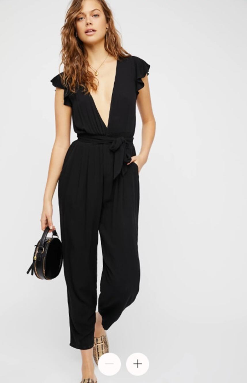 Free People Ruffle Your Feathers Black Deep-V Cap Sleeve Boho Hippie Jumpsuit